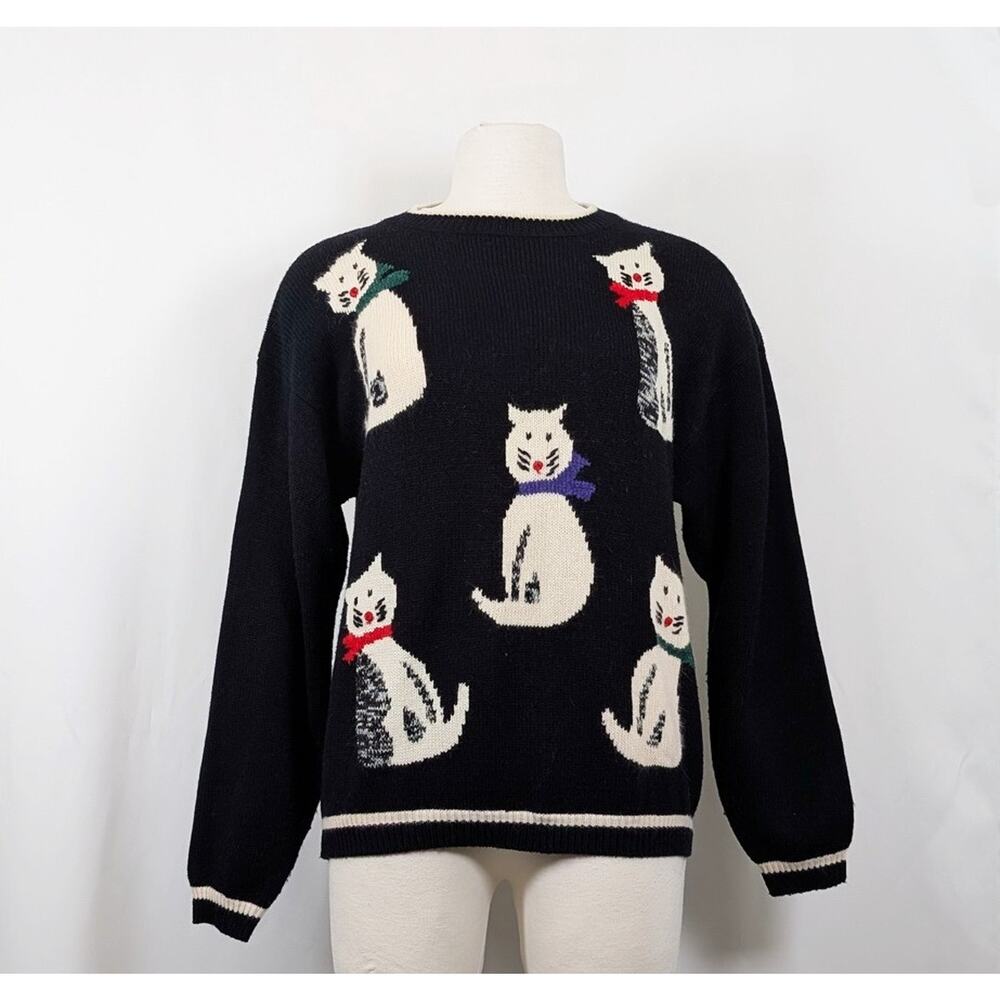 Vintage 80s Sweater Cats Colorful Black Diane Von Furstenberg Women's Size L